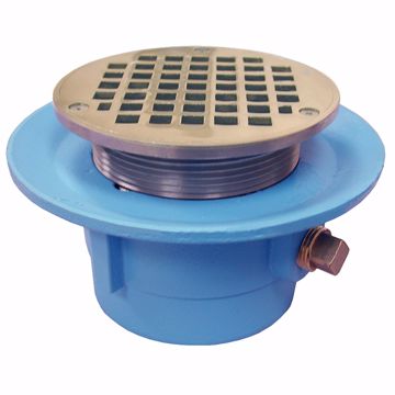 Picture of 3" No Hub Code Blue Slab Drain with 7" Pan and 4" Polished Brass Round Strainer - Height 3-1/2" - 4-3/4"