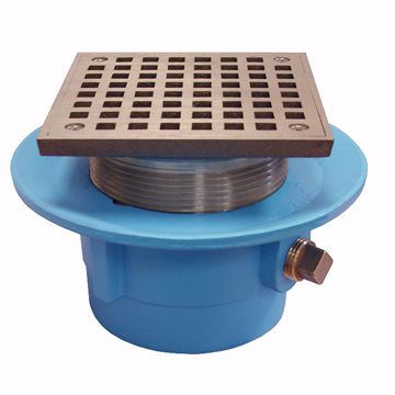 Picture of 3" No Hub Code Blue Slab Drain with 7" Pan and 5" Polished Brass Square Strainer - Height 3-7/8" - 5-1/16"