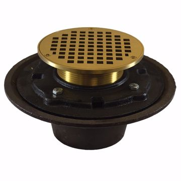 Picture of 3" Heavy Duty Inside Caulk Floor Drain/Shower Drain with 10" Pan and 5" Polished Brass Round Strainer - Height 4-1/2" - 6-1/2"