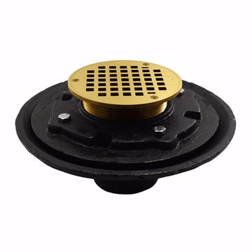 Picture of 4" Heavy Duty Inside Caulk Floor Drain/Shower Drain with 10" Pan and 5" Polished Brass Round Strainer - Height 4-1/2" - 6-1/2"