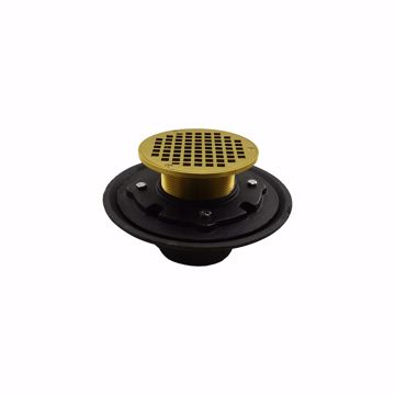 Picture of 4" Heavy Duty No Hub Floor Drain/Shower Drain with 10" Pan and 5" Polished Brass Round Strainer - Height 4-1/2" - 6-1/2"