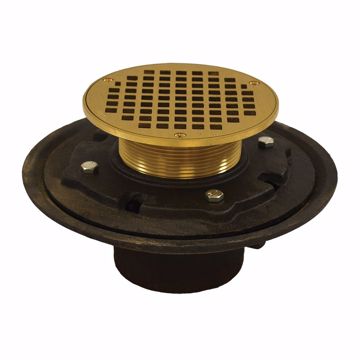 Picture of 4" Heavy Duty No Hub Floor Drain/Shower Drain with 10" Pan and 6" Polished Brass Round Strainer - Height 4-3/4" - 6-3/4"