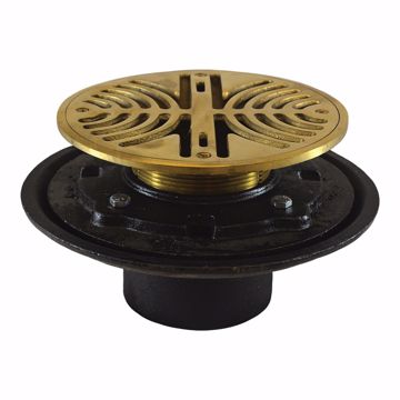 Picture of 4" Heavy Duty No Hub Floor Drain/Shower Drain with 10" Pan and 8" Polished Brass Round Strainer - Height 5" - 7"