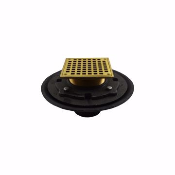 Picture of 3" Heavy Duty No Hub Floor Drain/Shower Drain with 10" Pan and 5" Polished Brass Square Strainer - Height 4-1/2" - 6-1/2"