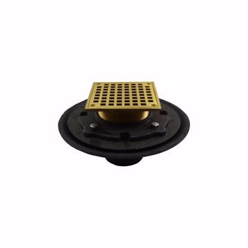 Picture of 3" Heavy Duty No Hub Floor Drain/Shower Drain with 10" Pan and 6" Polished Brass Square Strainer - Height 4-1/2" - 6-1/2"