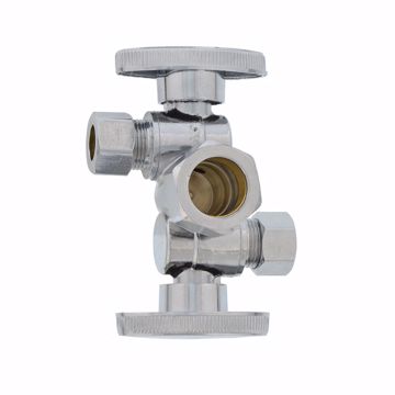 Picture of 5/8" OD Comp x 3/8" OD Comp x 3/8" OD Comp Quarter-Turn Dual Outlet and Handle Supply Stop Valve, Chrome Plated