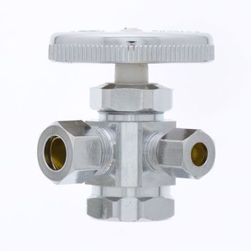 Picture of 1/2" FIP x 3/8" OD Comp x 1/4" OD Comp Dual Outlet Angle Supply Stop Valve, Chrome Plated