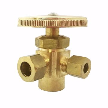 Picture of 1/2" SWT x 3/8" OD Comp x 1/4" OD Comp Dual Outlet Angle Supply Stop Valve, Rough Brass