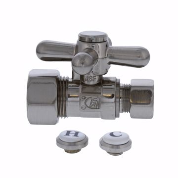 Picture of 5/8" OD Comp x 3/8" OD Comp Quarter-Turn Straight Supply Stop Valve with Cross Handle, Brushed Nickel