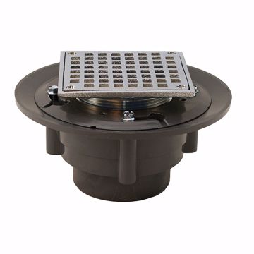 Picture of 3" x 4" Heavy Duty PVC Shower Drain with 3-1/2" Metal Spud and 5" Square Brushed Nickel Strainer