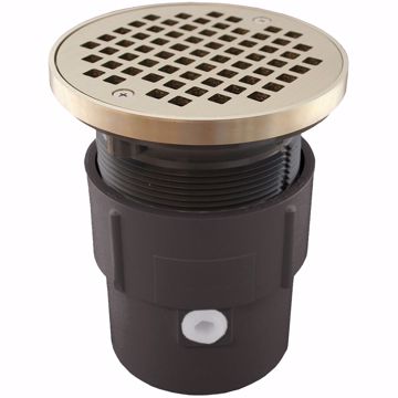 Picture of 3" x 4" PVC Pipe Fit Drain Base with 3-1/2" Plastic Spud and 5" Nickel Bronze Strainer with Ring