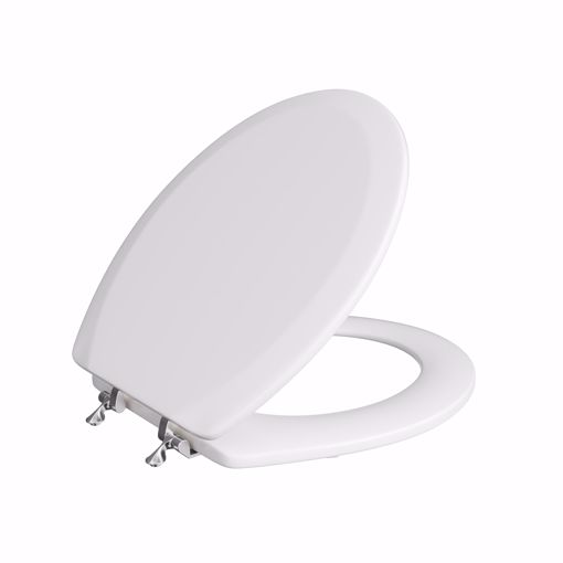 Picture of White Deluxe Molded Wood Toilet Seat, Closed Front with Cover, Chrome Hinges, Round