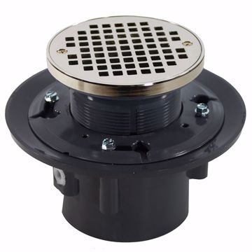 Picture of 2" x 3" Heavy Duty PVC Drain Base with 3" Plastic Spud and 6" Nickel Bronze Strainer with Ring