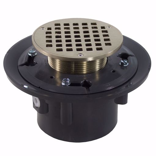 Picture of 2" x 3" Heavy Duty PVC Drain Base with 3-1/2" Metal Spud and 4" Nickel Bronze Strainer