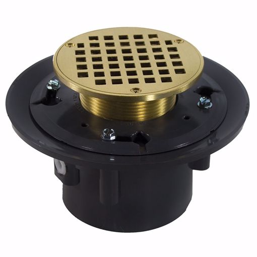 Picture of 2" x 3" Heavy Duty PVC Drain Base with 3-1/2" Metal Spud and 6" Polished Brass Strainer