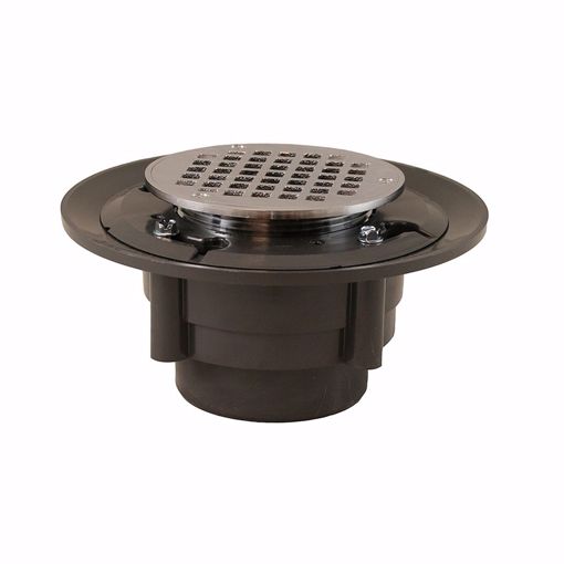 Picture of 2" x 3" Heavy Duty PVC Drain Base with 3-1/2" Metal Spud and 6" Chrome Plated Strainer