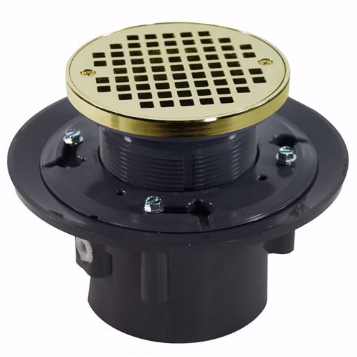 Picture of 3"x 4" Heavy Duty PVC Drain Base with 3-1/2" Plastic Spud and 5" Polished Brass Strainer with Ring