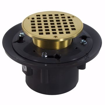 Picture of 3" x 4" Heavy Duty PVC Shower Drain with 3-1/2" Metal Spud and 5" Round Polished Brass Strainer