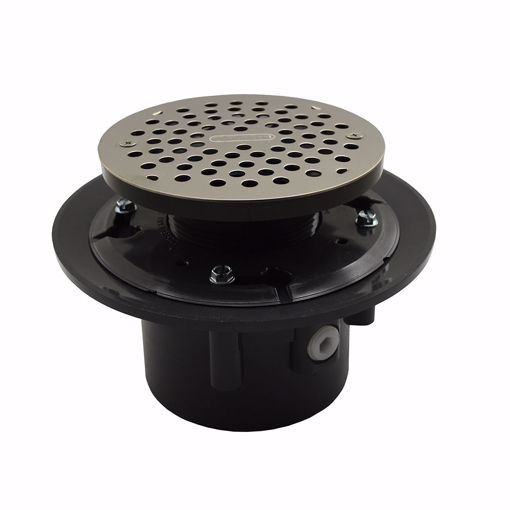 Picture of 4" Heavy Duty PVC Drain Base with 3-1/2" Plastic Spud and 6" Stainless Steel Strainer