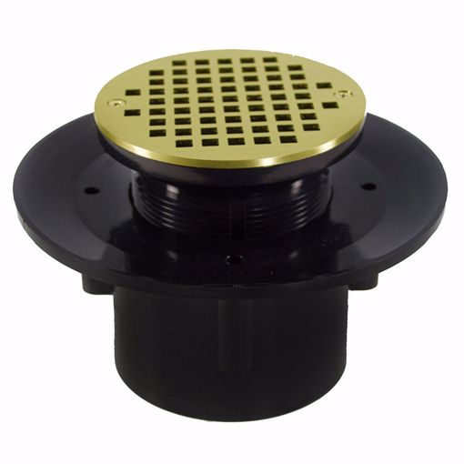 Picture of 2" x 3" Heavy Duty ABS Slab Drain Base with 3" Plastic Spud and 6" Polished Brass Strainer