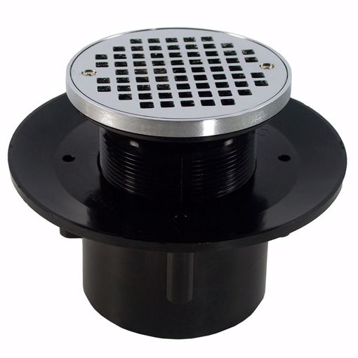 Picture of 2" x 3" Heavy Duty ABS Slab Drain Base with 3" Plastic Spud and 6" Chrome Plated Strainer with Ring