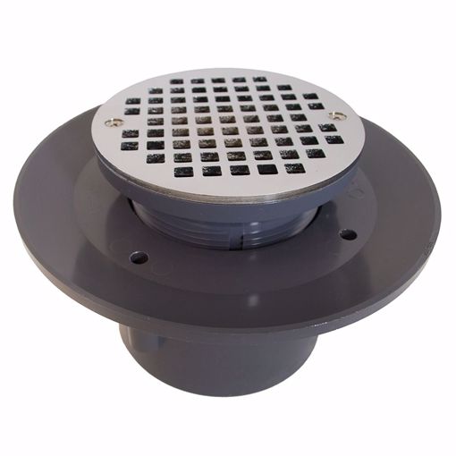 Picture of 2" x 3" Heavy Duty PVC Slab Drain Base with 3-1/2" Plastic Spud and 5" Chrome Plated Strainer