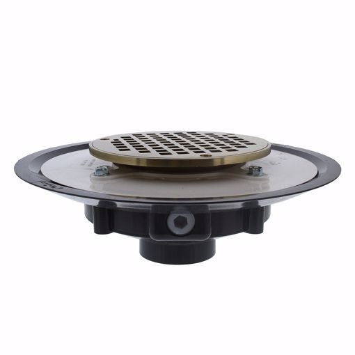 Picture of 2" Heavy Duty PVC Drain Base with 3-1/2" Metal Spud and 6" Polished Brass Strainer