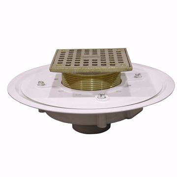 Picture of 2" Heavy Duty PVC Drain Base with 3-1/2" Metal Spud ands 5" Polished Brass Strainer