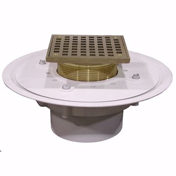 Picture of 4" Heavy Duty PVC Drain Base with 3-1/2" Metal Spud and 5" Polished Brass Strainer