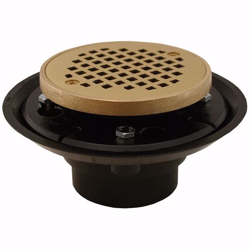 Picture of 2" x 3" ABS Shower Drain with 2" Metal Spud and 4" Round Polished Brass Cast Strainer with Grout Ring