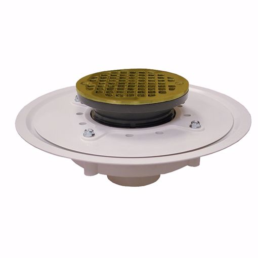 Picture of 4" Heavy Duty PVC Drain Base with 4" Plastic Spud and 6" Polished Brass Strainer