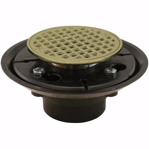 Picture of 2" x 3" ABS Shower Drain with 2" Brass Spud and 4" Round Polished Brass Strainer