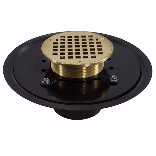 Picture of 3" Heavy Duty ABS Drain Base with 3-1/2" Metal Spud and 6" Polished Brass Strainer