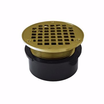 Picture of 4" ABS Hub Fit Drain Base with 3-1/2" Metal Spud and 5" Polished Brass Strainer