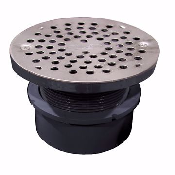 Picture of 4" PVC Hub Fit Drain Base with 3-1/2" Plastic Spud and 6" Stainless Steel Strainer