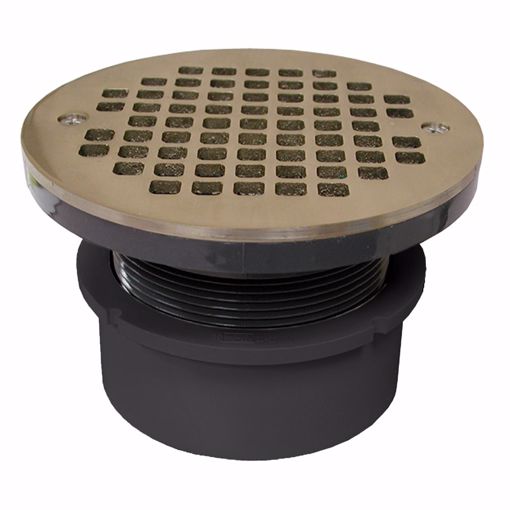 Picture of 4" PVC Hub Fit Drain Base with 3-1/2" Plastic Spud and 5" Nickel Bronze Strainer