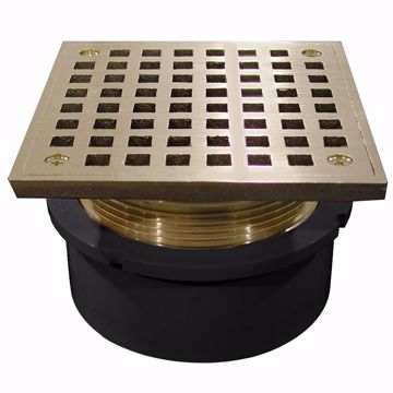 Picture of 4" PVC Hub Fit Drain Base with 3-1/2" Metal Spud and 5" Polished Brass Strainer