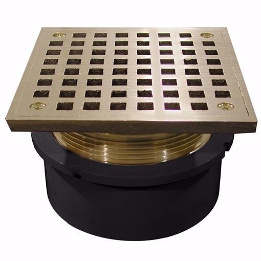 Picture of 4" PVC Hub Fit Drain Base with 3-1/2" Metal Spud and 5" Polished Brass Strainer