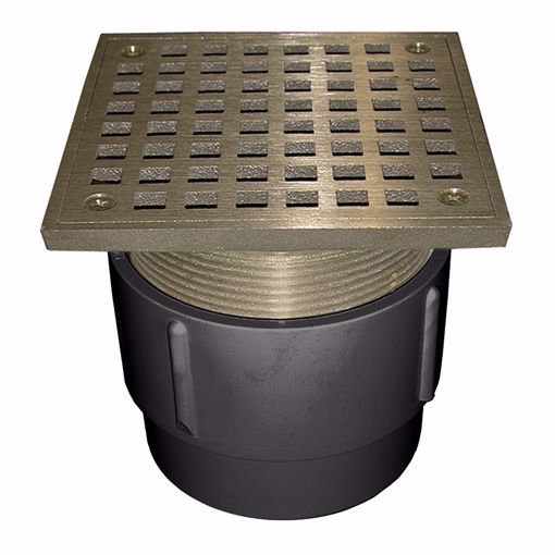 Picture of 3" x 4" PVC Pipe Fit Drain Base with 3-1/2" Metal Spud and 6" Polished Brass Strainer