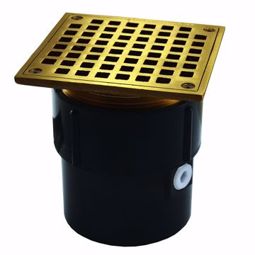 Picture of 3" x 4" ABS Pipe Fit Drain Base with 3-1/2" Metal Spud and 6" Polished Brass Strainer