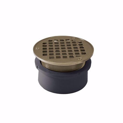 Picture of 4" PVC Hub Fit Drain Base with 3-1/2" Metal Spud and 6" Nickel Bronze Strainer