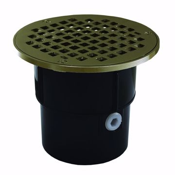 Picture of 3" x 4" ABS Pipe Fit Drain Base with 3-1/2" Metal Spud and 8" Nickel Bronze Strainer