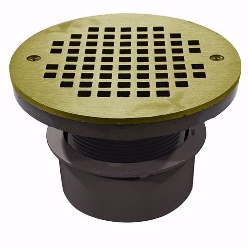 Picture of 4" PVC Inside Pipe Fit Drain Base with 3" Plastic Spud and 6" Polished Brass Strainer