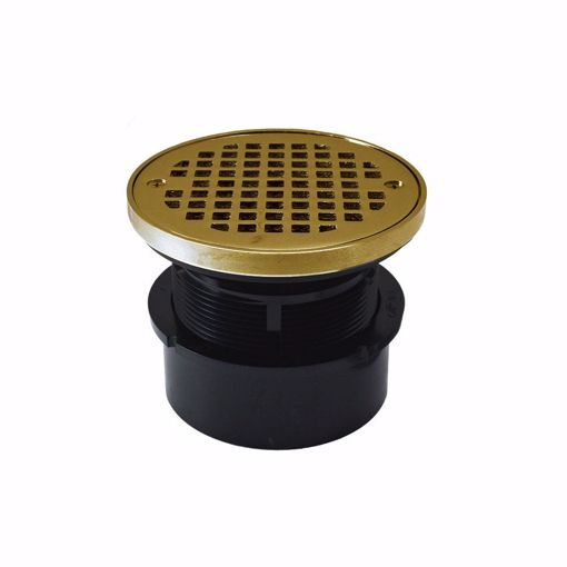 Picture of 4" ABS Hub Fit Drain Base with 3-1/2" Plastic Spud and 5" Polished Brass Strainer with Ring