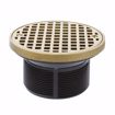 Picture of 2" Heavy Duty PVC Drain Base with 3-1/2" Plastic Spud and 5" Polished Brass Strainer with Ring