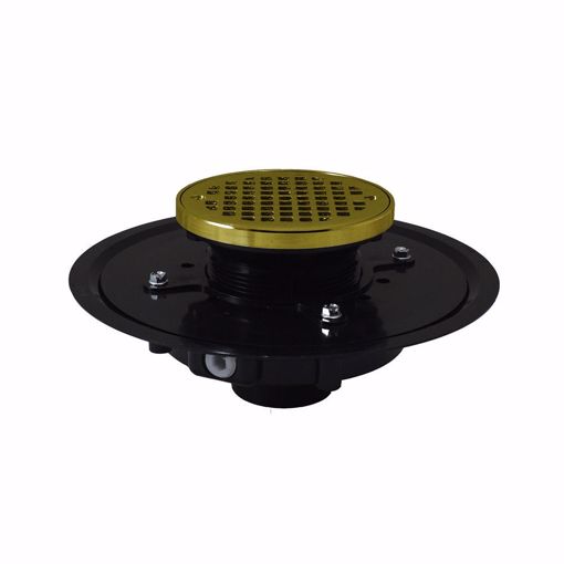 Picture of 4" Heavy Duty ABS Drain Base with 3-1/2" Plastic Spud and 5" Polished Brass Strainer with Ring