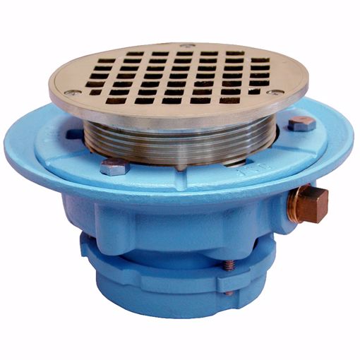 Picture of 2" No Caulk Mechanical Joint Code Blue Floor Drain with 7" Pan and 5" Nickel Bronze Round Strainer - Height 4" - 5"