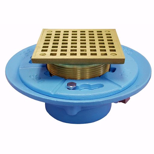 Picture of 2" No Hub Code Blue Floor Drain with 7" Pan and 5" Polished Brass Square Strainer - Height 3-1/4" - 5-1/4"