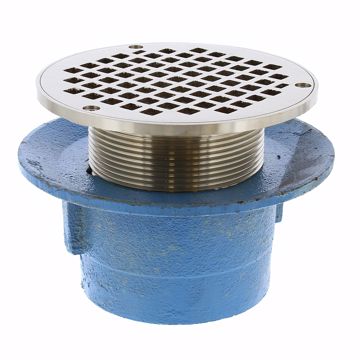 Picture of 4" No Hub Code Blue Slab Drain with 7" Pan and 6" Nickel Bronze Round Strainer - Height 3-7/8" - 5-1/16"