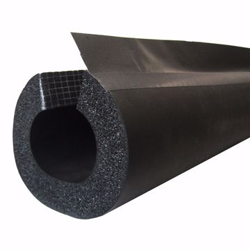 Picture of 1/2" ID (3/8" CTS 1/4" IPS) Self-Sealing Black Rubber Pipe Insulation with Overlap Tape, 1/2" Wall Thickness, 312 ft. per Carton